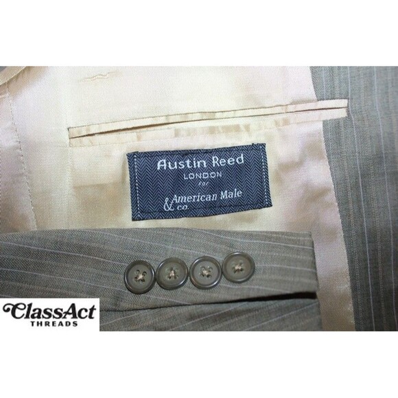 Austin Reed Mens 2 Piece Suit Tan Striped 3 Btn Wool 40R Pleated Fronts 34" W - Picture 10 of 10